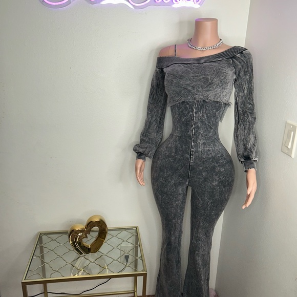 Charcoal Off-Shoulder Jumpsuit - Picture 1 of 3